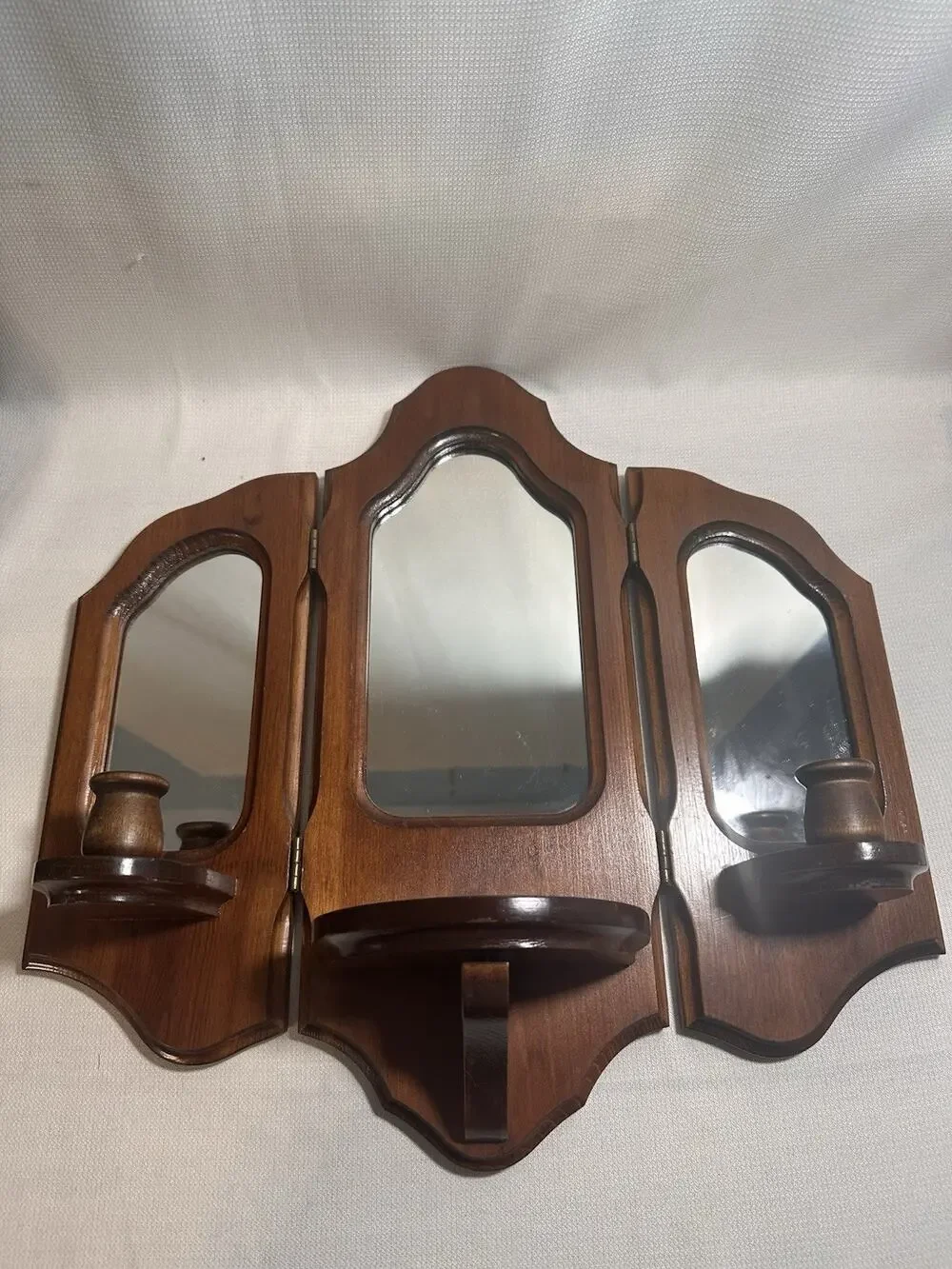 Vintage MCM Tri-fold Handcrafted Wooden Wall Sconce Mirror Candle Holders